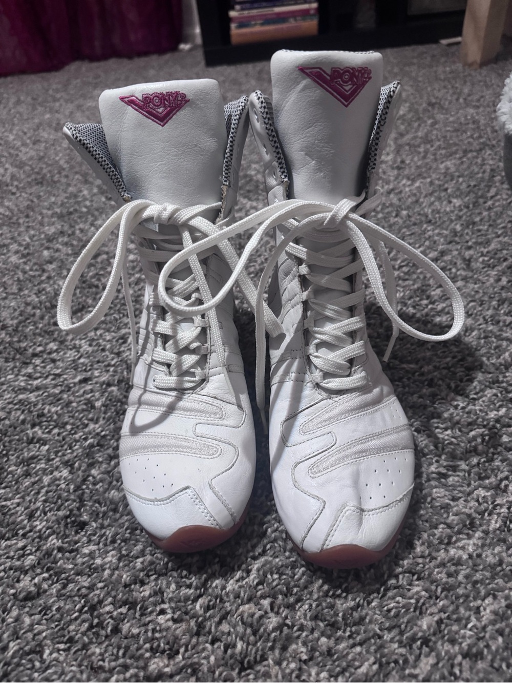 Vintage Pony White Lace-Up High-Top Boots with Red Logo